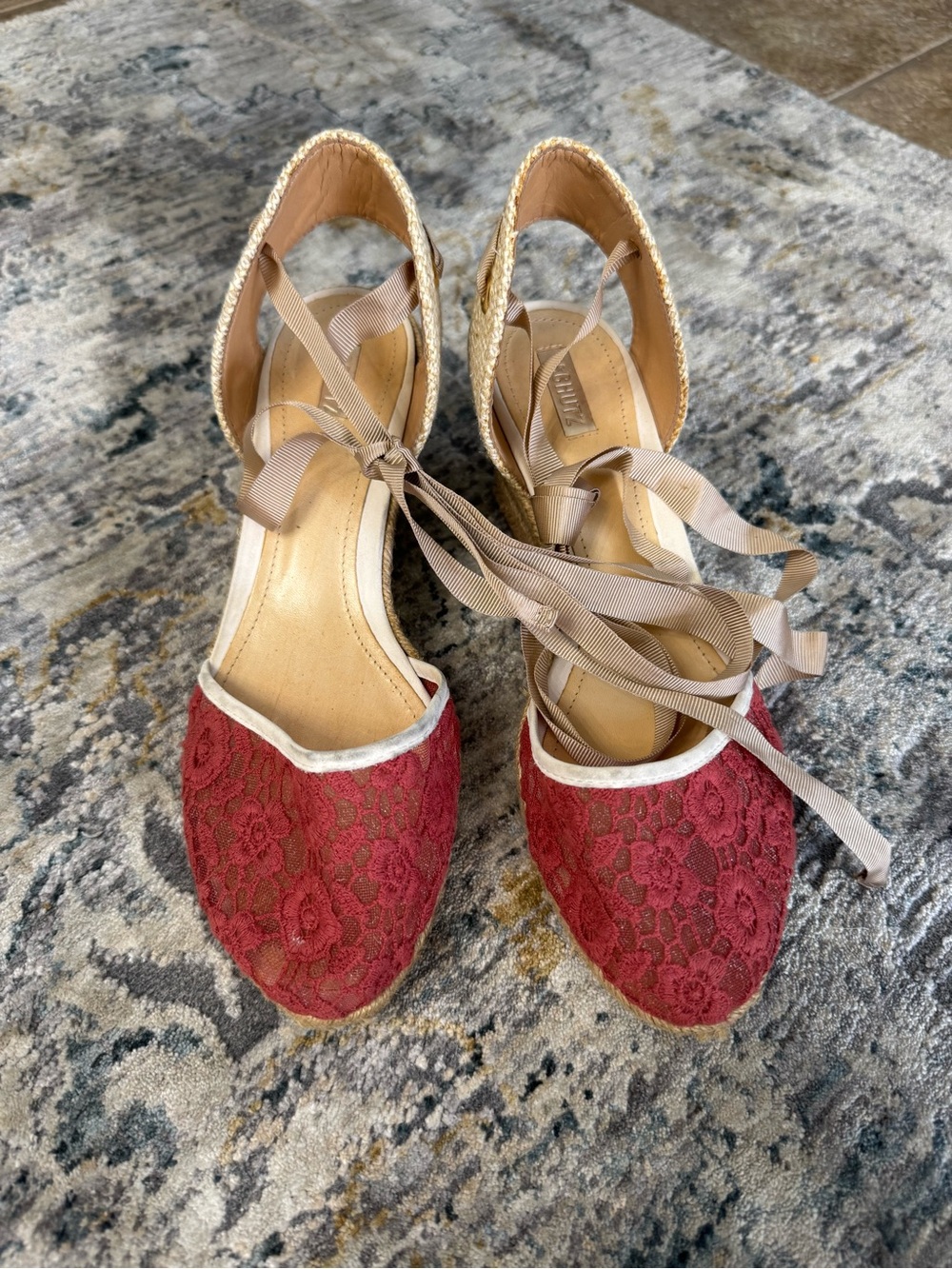 SCHUTZ Red Lace Espadrille Wedges with Tan Ankle Ties